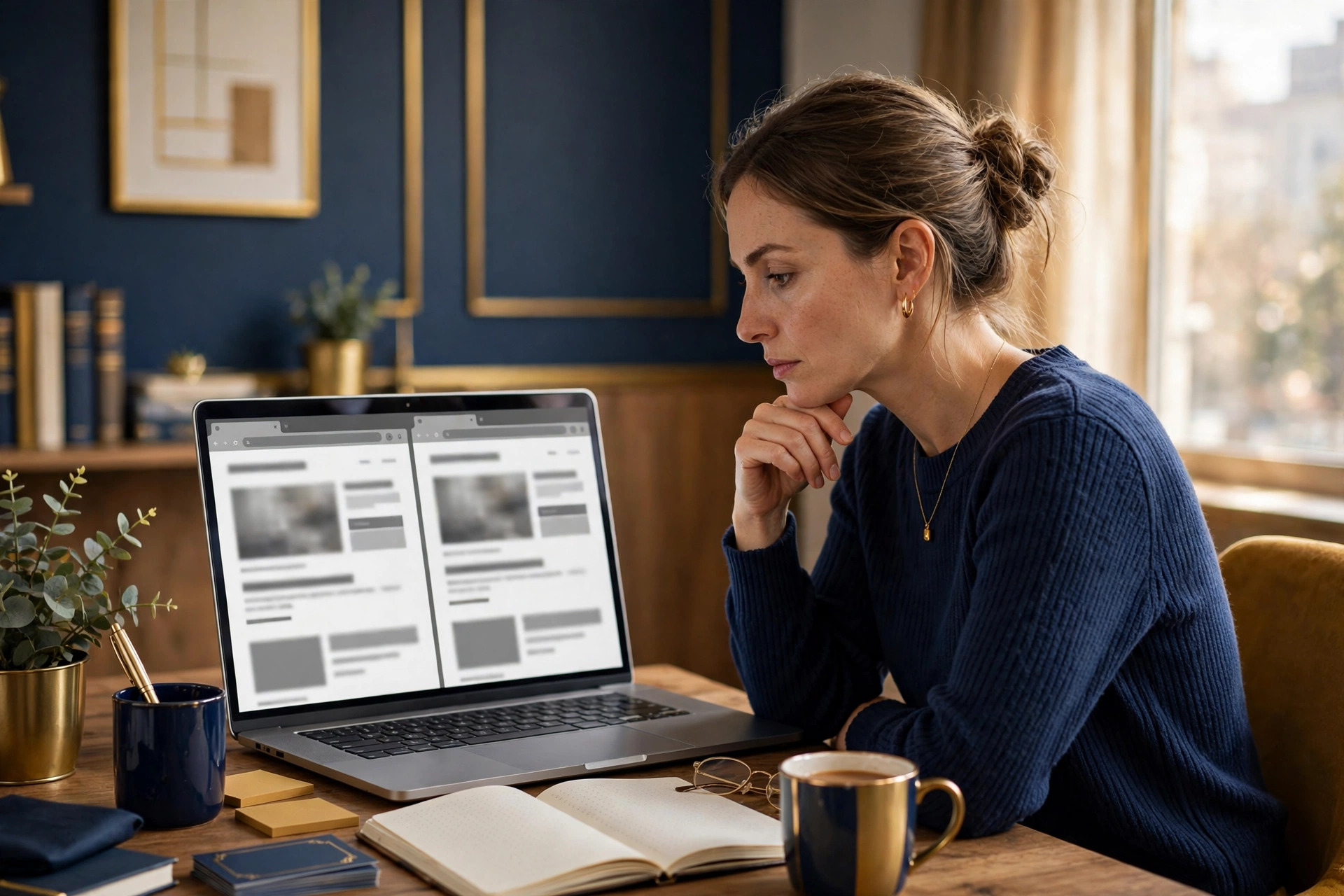 A business owner comparing two news websites on a laptop before choosing one