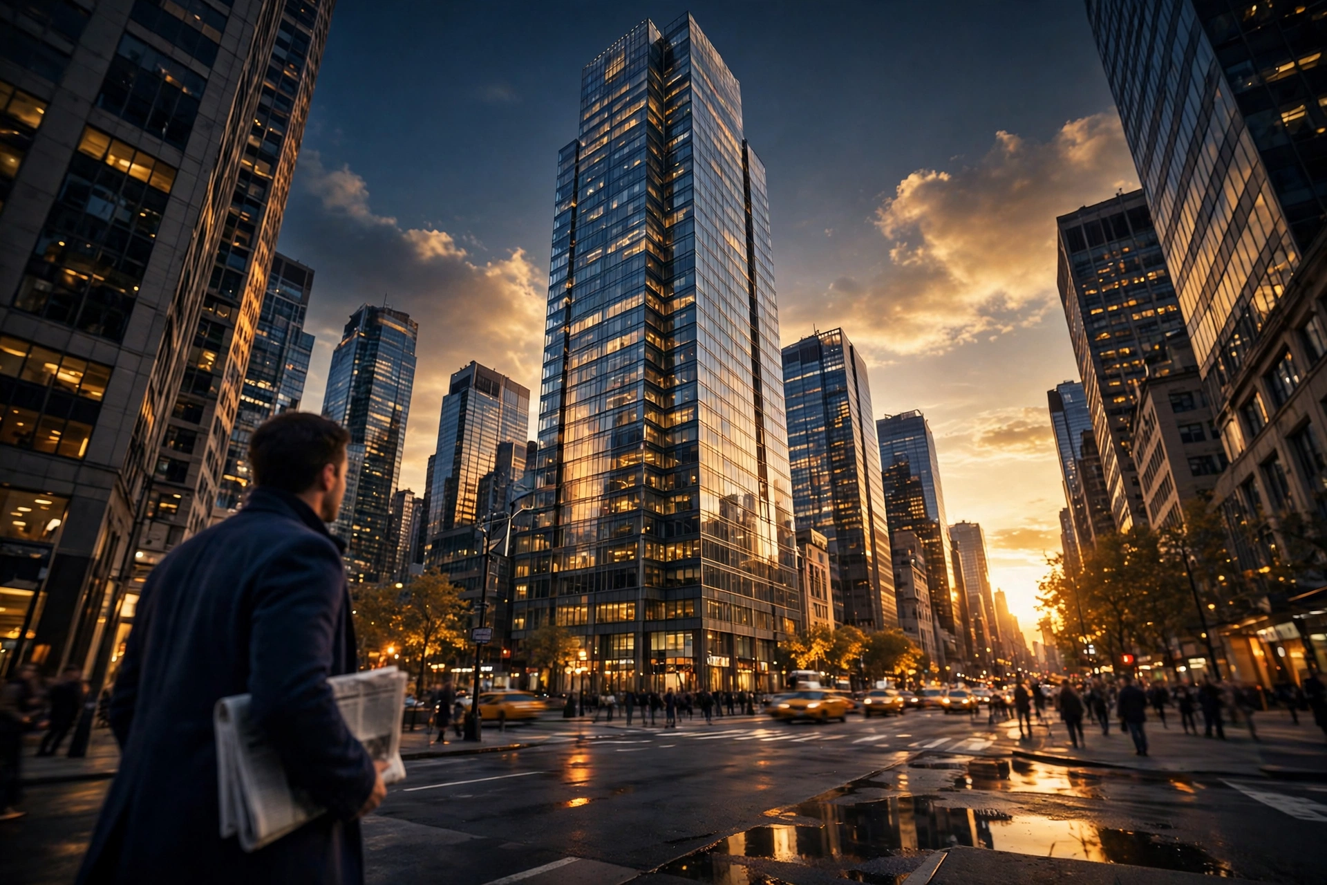 A tall glass office tower seen from street level in warm evening light