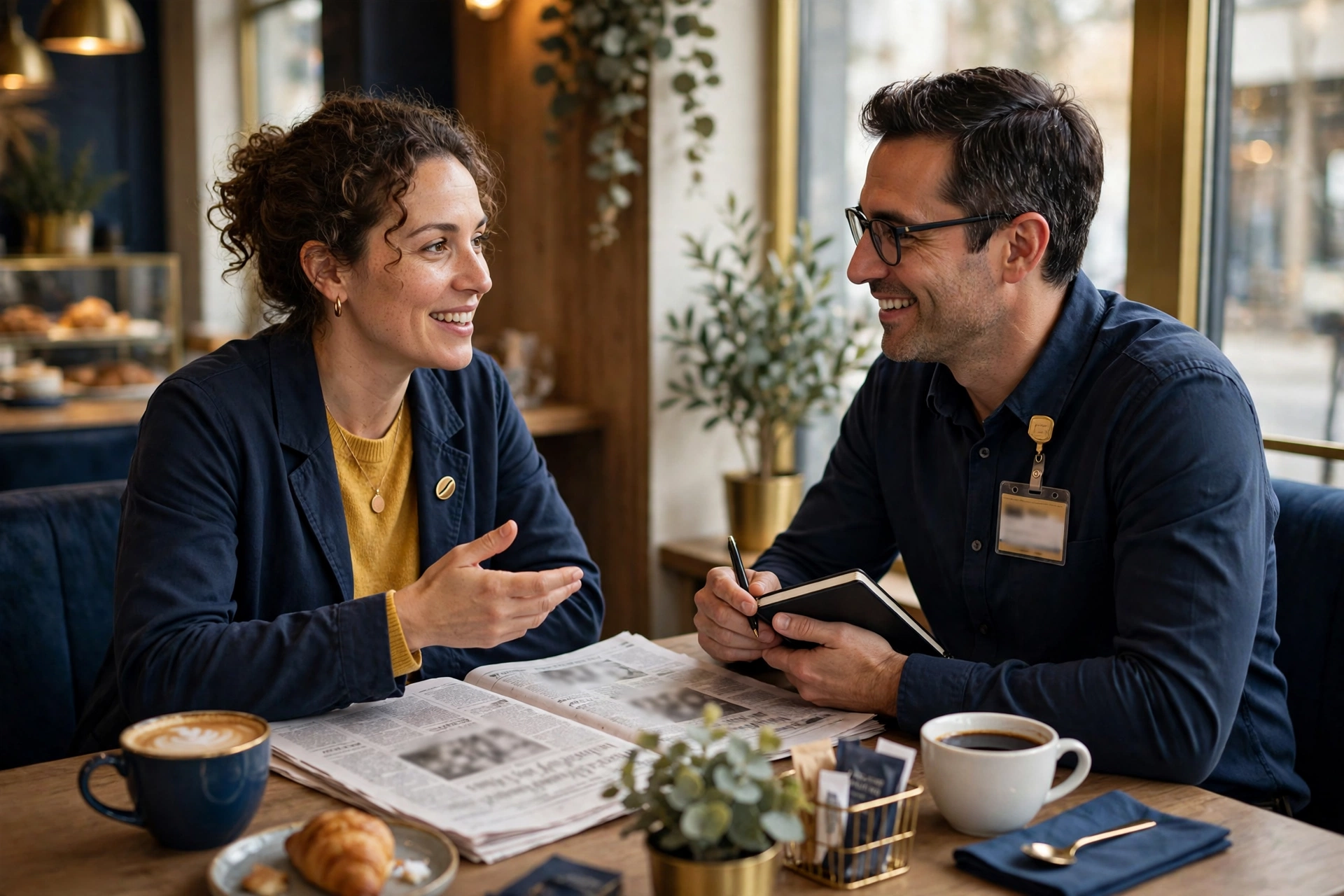 A small business owner talking with a reporter, a newspaper on the table between them