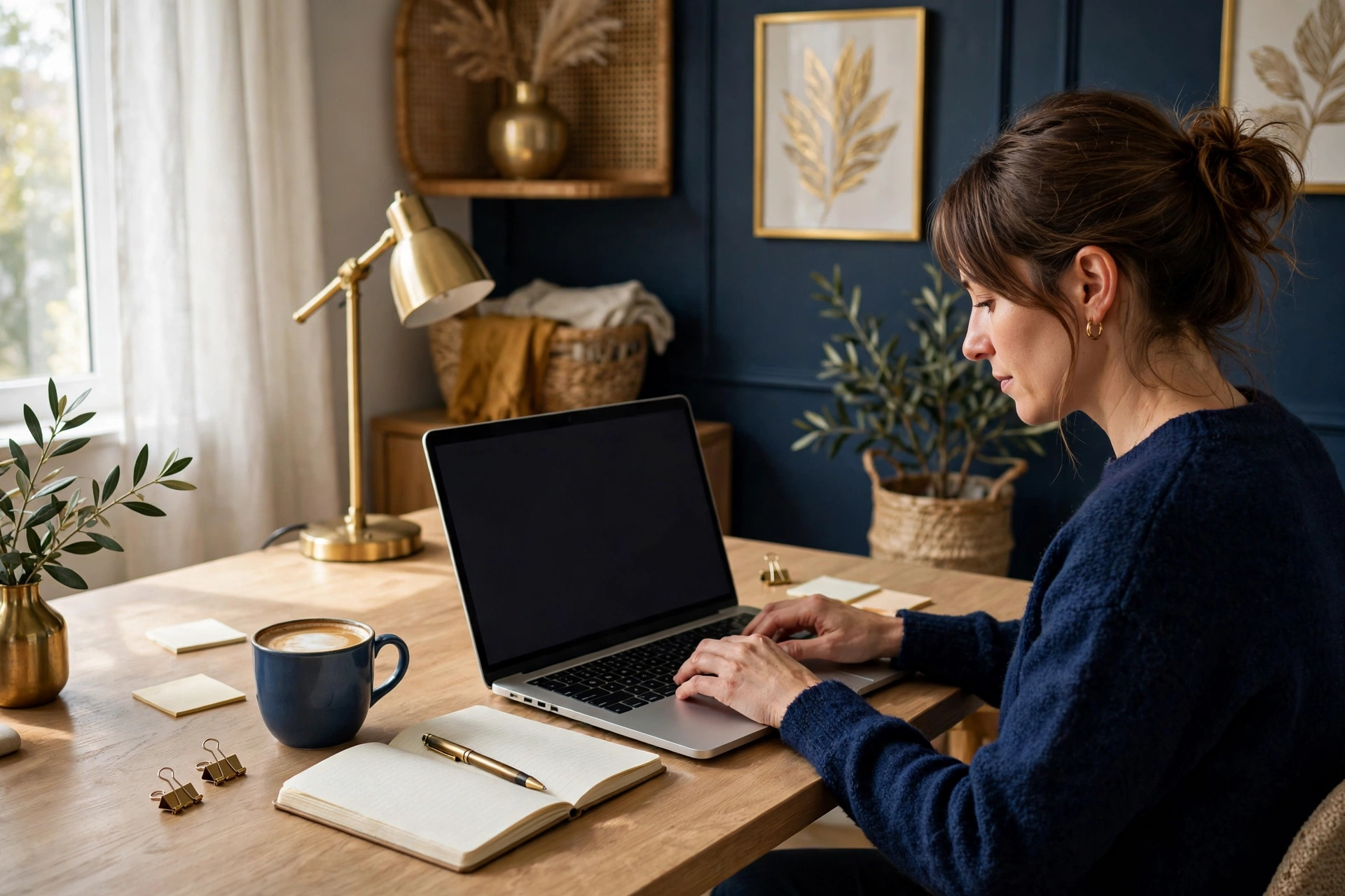 A writer drafting an article on a laptop at a tidy desk