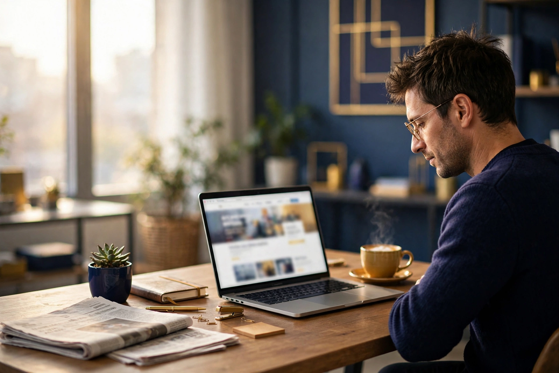 A business owner reading a news website on a laptop, with a newspaper and coffee on his desk