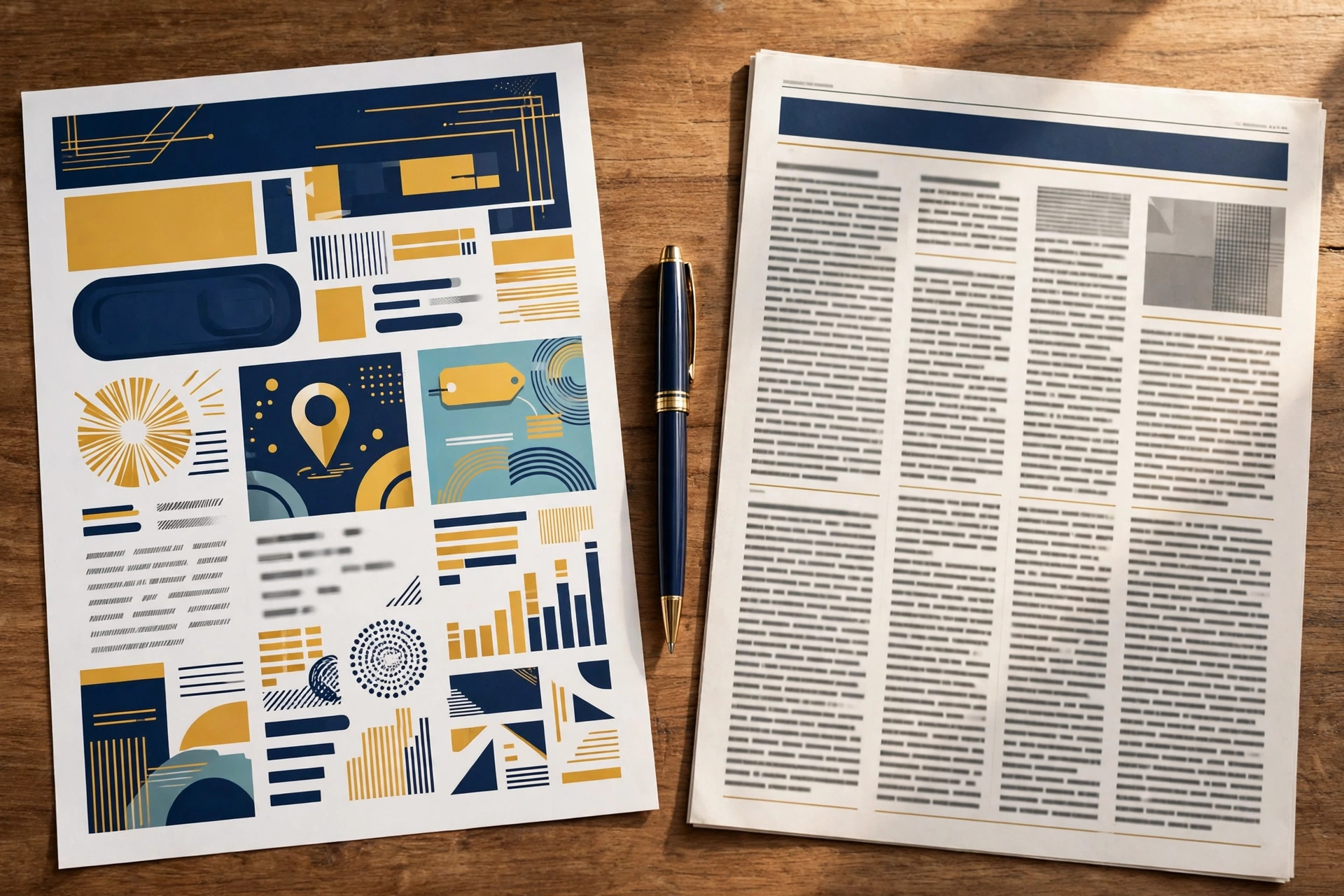 Two pages on a desk side by side, one a display advert and one a full article